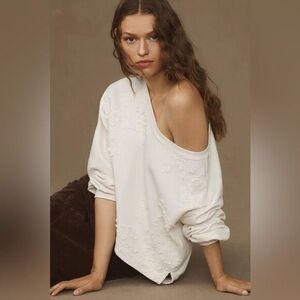 Anthropologie Crochet Appliqué Pullover Sweatshirt in Ivory Size Small